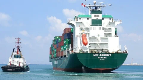 Ship sails from port to open sea 4k Stock-Footage 95935896