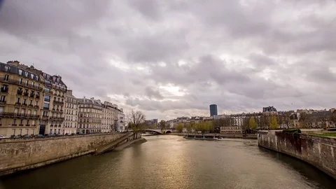 The ship sails on the river Seine in windy weather, Paris Stock Footage 76400322