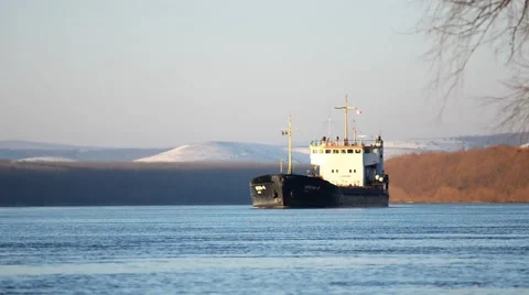 Ship sails on the river.s Stock Footage 46188797