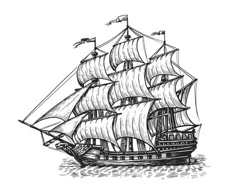 Ship with sails sails on waves. Hand drawn sailboat vintage sketch. Seafaring Stock Illustration