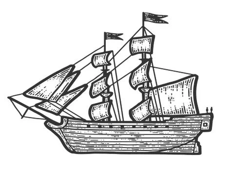 A ship with sails. Sketch scratch board imitation. Black and white. Stock Illustration
