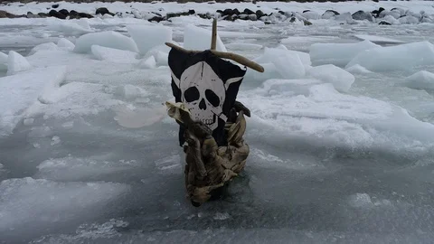 The ship sails through the sea ice in the winter. child pirate ship in ice. Stock Footage 87858732