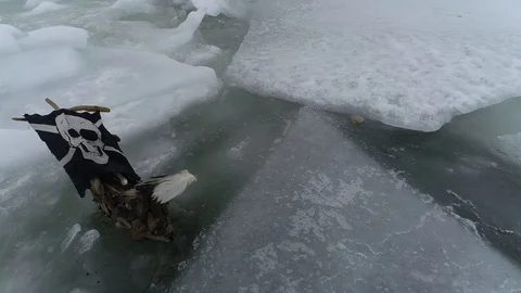 The ship sails through the sea ice in the winter. child pirate ship in ice. Stock Footage 87859066
