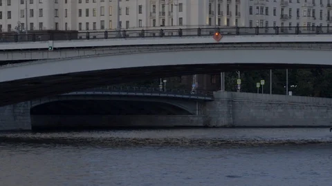 Ship sails under a Bolshoy Ustinsky Bridge on the Moskva river, Russia Video stock 121107639
