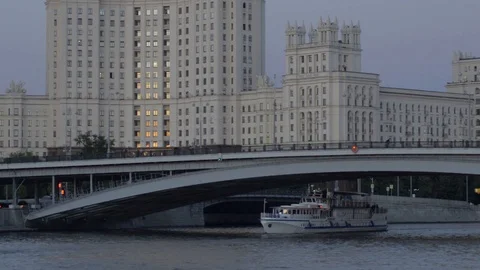 Ship sails under a Bolshoy Ustinsky Bridge on the Moskva river Video stock 121107673