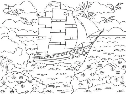Ship sails on the waves. Big sailboat and the nature of the island. Vector page Illustrazione stock