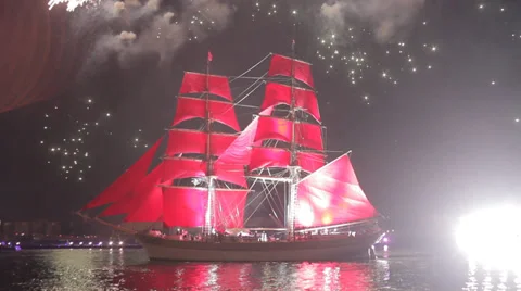 Ship with scarlet sails, accompanied by fireworks in St. Petersburg. Stock Footage 37777895