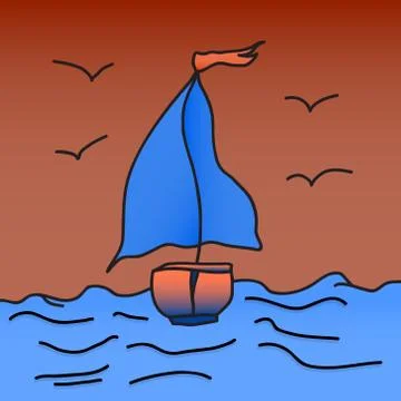 Ship with scarlet sails is floating on the waves. Vector illustration. Drawing Stock Illustration