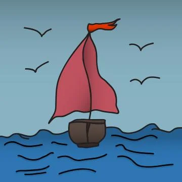 Ship with scarlet sails is floating on the waves. Vector illustration. Drawing Stock Illustration