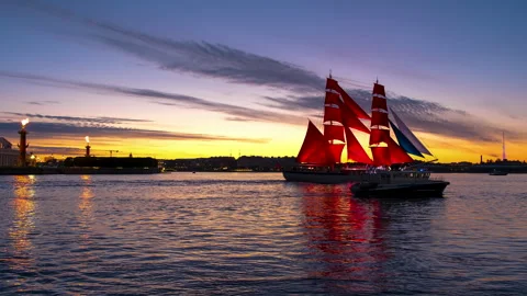 A ship with scarlet sails on the Neva River in St. Petersburg Stock Footage 304296129