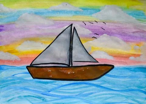 Ship in sea against the backdrop of the sunset, drawing watercolor. Stock Illustration