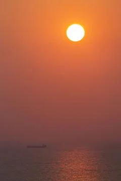 Ship on the sea at the sunset Stock Photos