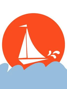 A ship in the sea on the waves against the background of the orange sun. Stock Illustration