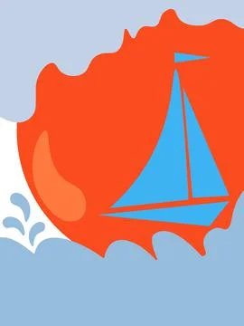 A ship in the sea on the waves against the background of the orange sun Stock Illustration