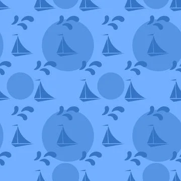 A ship in the sea on the waves against the background of the sun. Stock Illustration