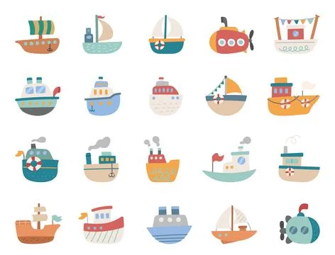 Ship set in scandinavian style with various boats Stock Illustration