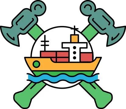 A ship is shown with a hammer and an ax on either side of it Stock Illustration