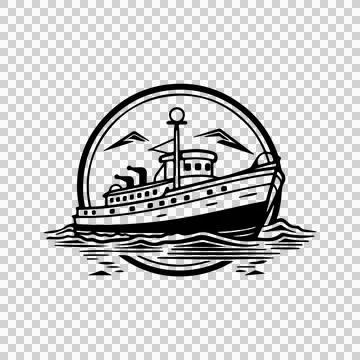 Ship Silhouette In Circular Frame sailing water waves Stock Illustration