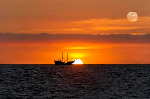 Ship Silhouette Sunset Stock Photos