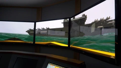 A ship simulator graphics,  approaching an Aircraft carrier in a training Stock Footage 107092598