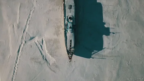 Ship in snow and ice. Winter boat. Video stock 101817886