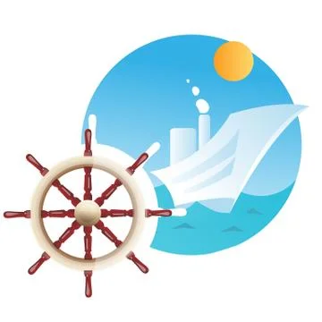Ship steering wheel and ship in background Stock Illustration