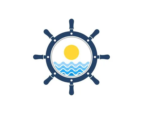 Ship steering wheel with beach wave and sunset inside Stock Illustration