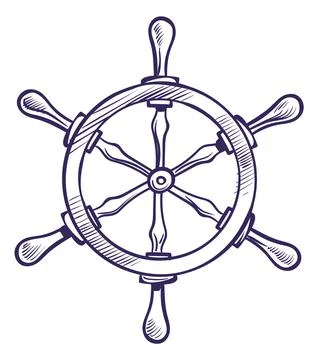 Ship steering wheel in hand drawn style. Pen ink sketch Stock Illustration