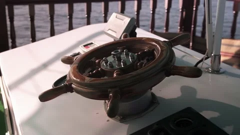 Ship steering wheel, large yacht, captain's bridge Stock Footage 236070054