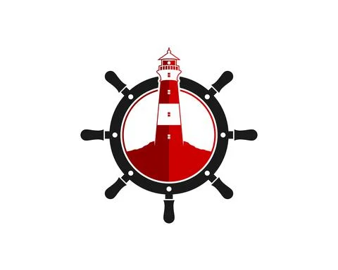 Ship steering wheel with red lighthouse inside Stock Illustration