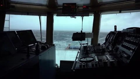 Ship in storm. Bridge inside. View back to stern. Strong pitching. High waves Stock Footage 204152734