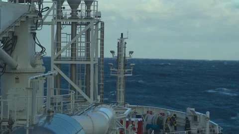 Ship in storm. Front mast pitching against background of sea. Stock Footage 251557353