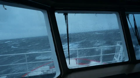 Ship in storm. View from bridge. Ship climb up wave. A lot of splashes on Stock Footage 159252007