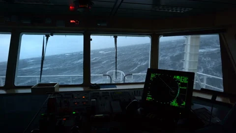 Ship in storm. View from bridge. View of radar and control panel. Strong Stock Footage 162924881