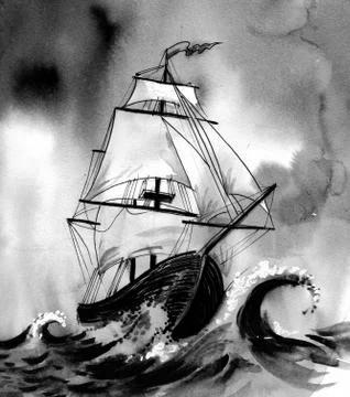 Ship in stormy sea Stock Illustration