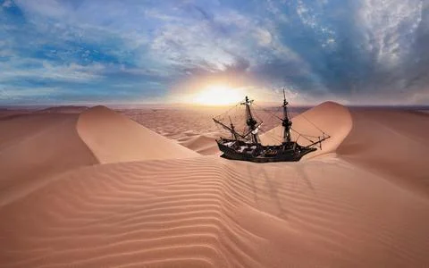 A ship stranded in the desert Stock Photos