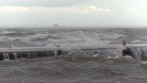 Ship stranded in massive storm of wind and epic waves Stock Footage 143231828