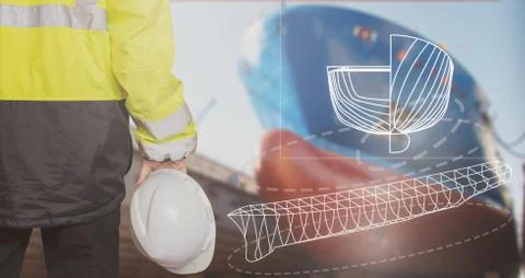 Ship sub-designer or shipbuilder in drydock with ships bow on a background. S Foto stock