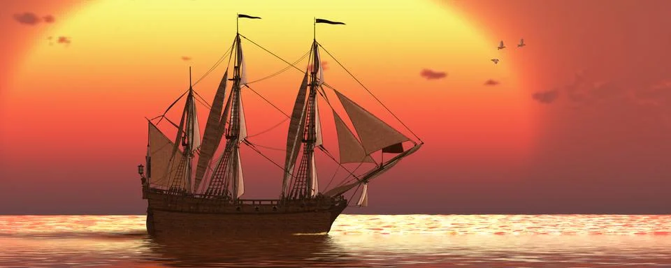 Ship at sunset Stock Illustration