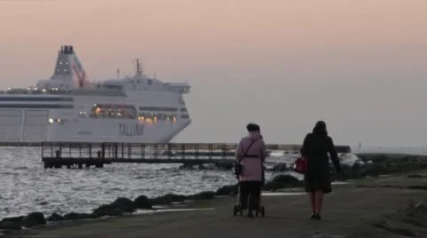 Ship at sunset from mole walk Stock Footage 20530233