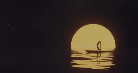 The ship sways on the waves against the backdrop of the setting sun. Looped anim 库存影片 115800841