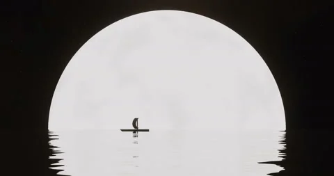 The ship swims against the backdrop of a large moon. Stock Footage 115801664