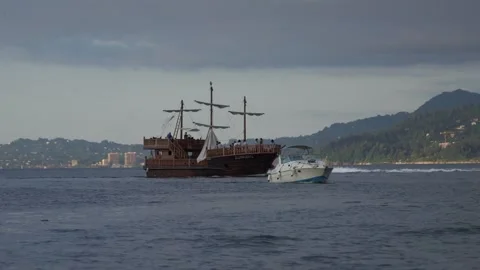Ship with three masts at sea Stock Footage 211056578