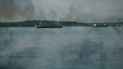 Ship time lapse Seattle with blue grunge overlay Stock Footage