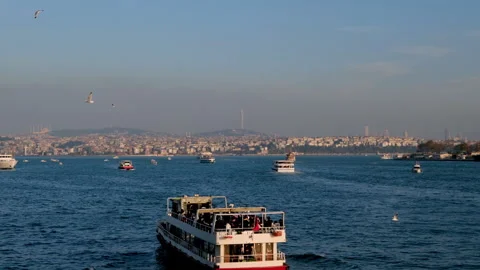Ship traffic during sunset in the Bosphorus. Stock Footage 260832051