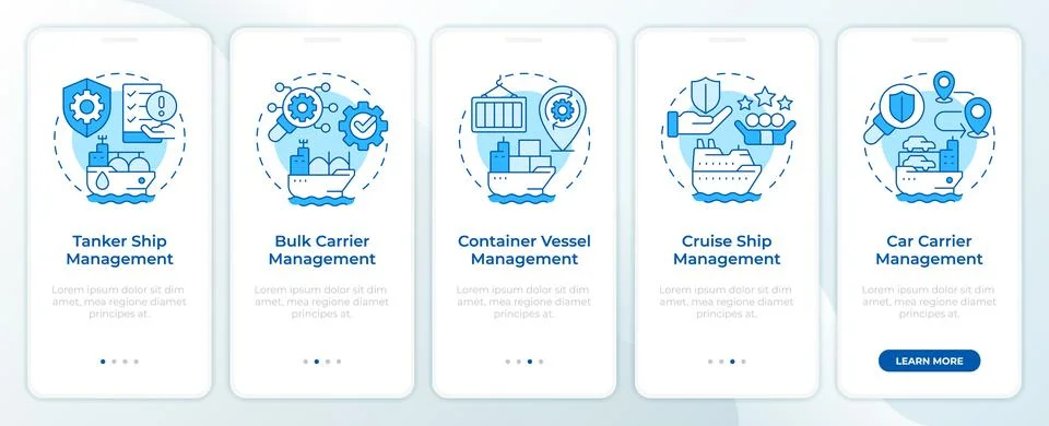 Ship type management solutions blue onboarding mobile app screen Ilustração Stock