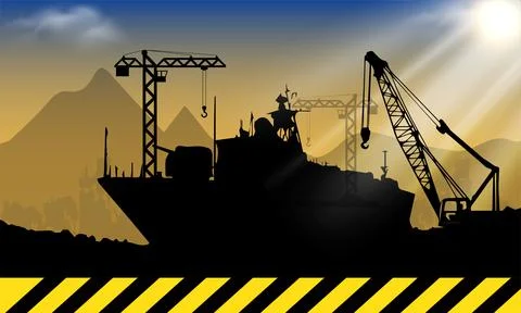 Ship under construction background with sunset and mountain silhouette. Stock Illustration