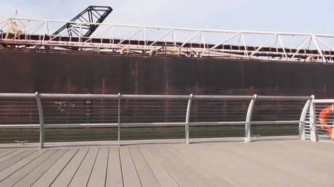 Ship Under Drawbridge, down river Stock Footage 98519749