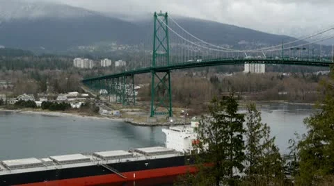 Ship Under Lions Gate Bridge From Prospect Point Stock Footage 10769551