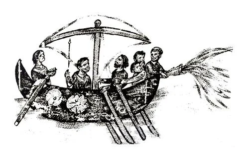 Ship using Greek fire against a Byzantine ship Stock Illustration